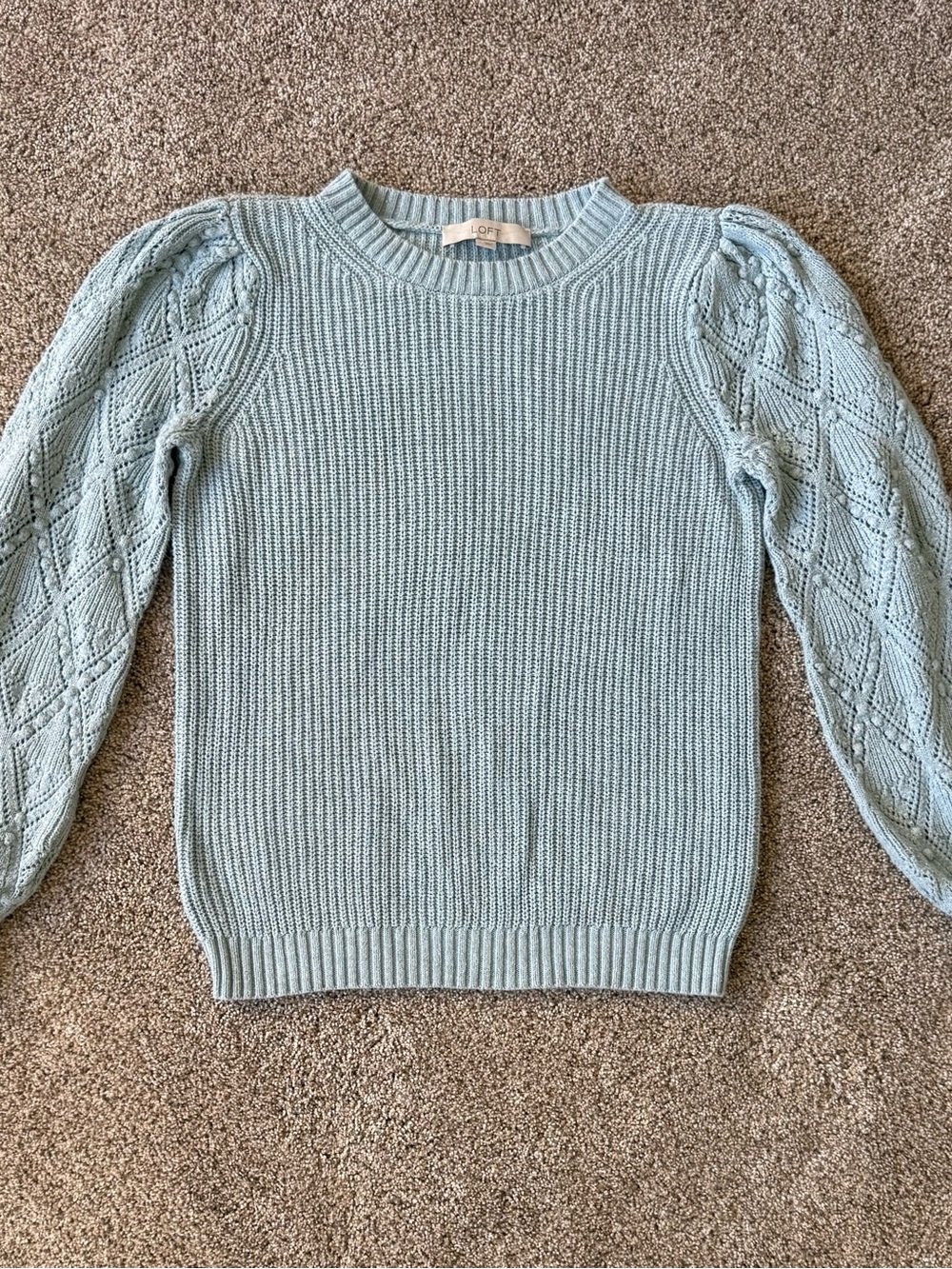 LOFT Powder Blue 100% cotton Textured Puff-Sleeve Crewneck Sweater